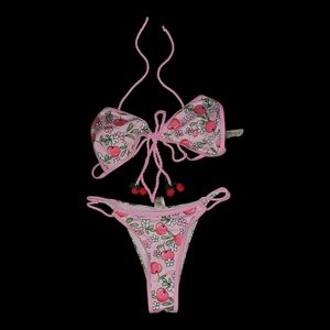 SHEIN Pink Cherry-Print Halter Bikini Set